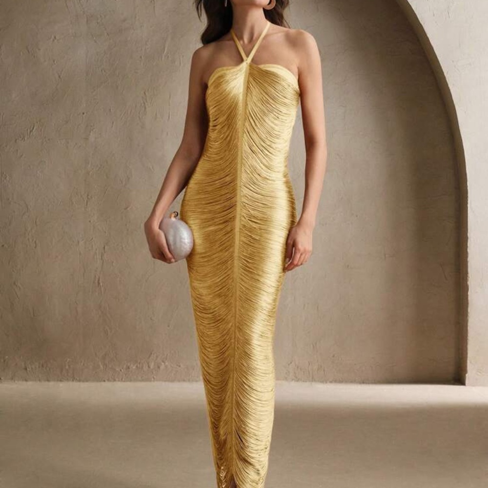Yellow halter dress cocktail party formal birthday new size small